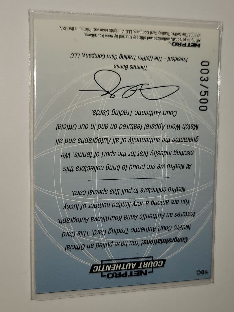 Anna Kournikova サイン入りカード 003/500⭐Net pro