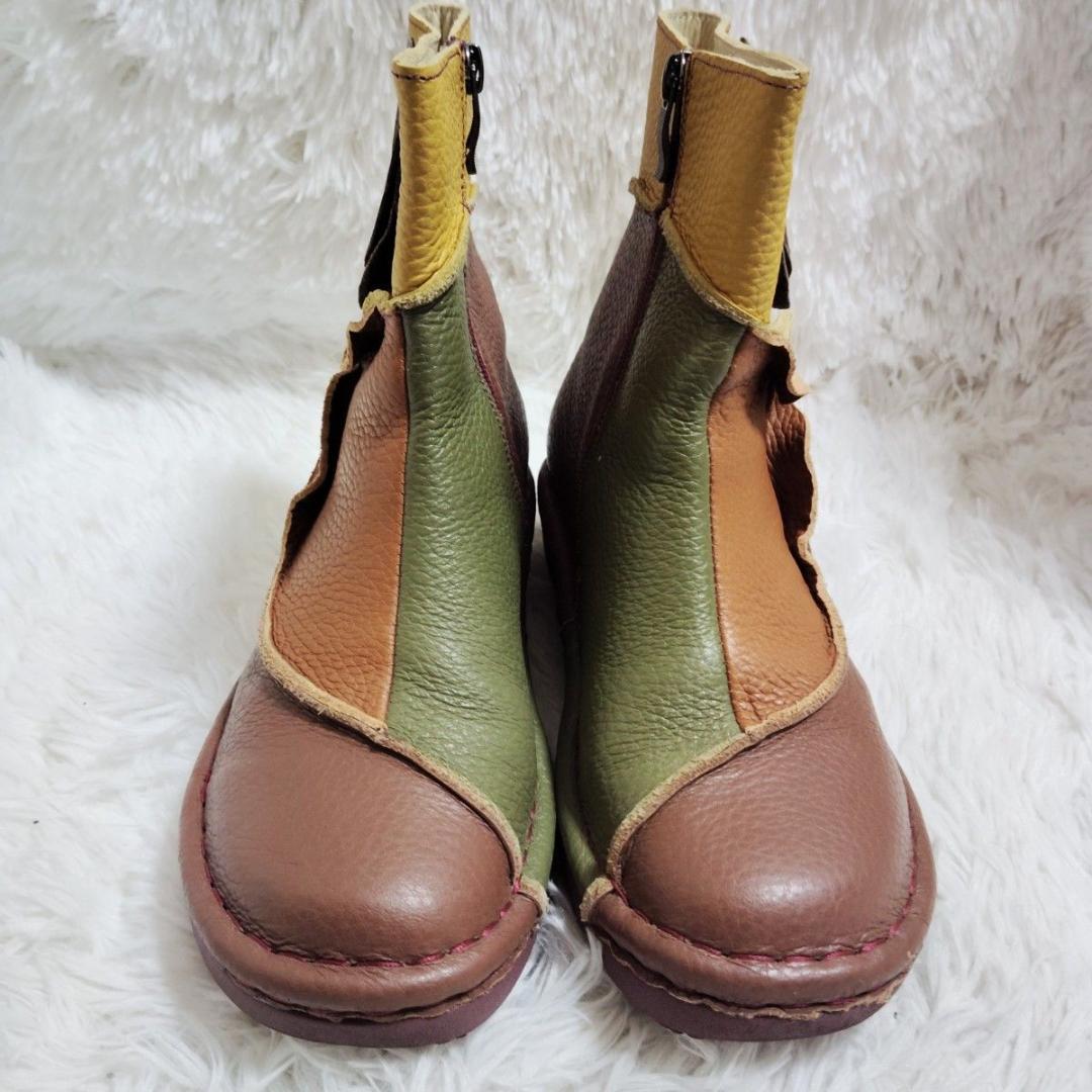 エスタシオン レザーサイドジップブーツ最終価格 L 24〜24.5 花モチーフ