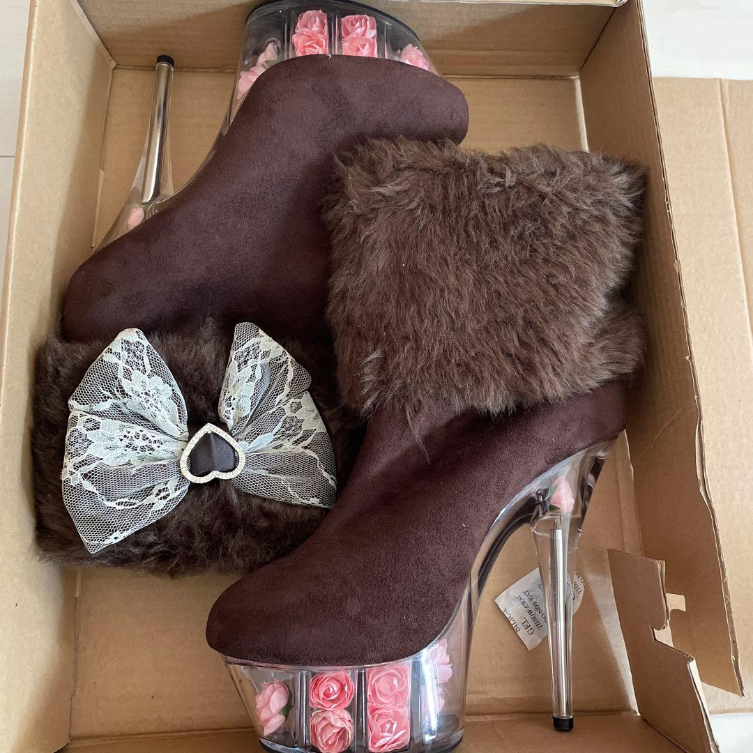 新品未使用　夢展望　ブラウン　ファー　リボン　ショートブーツ　靴　当時物