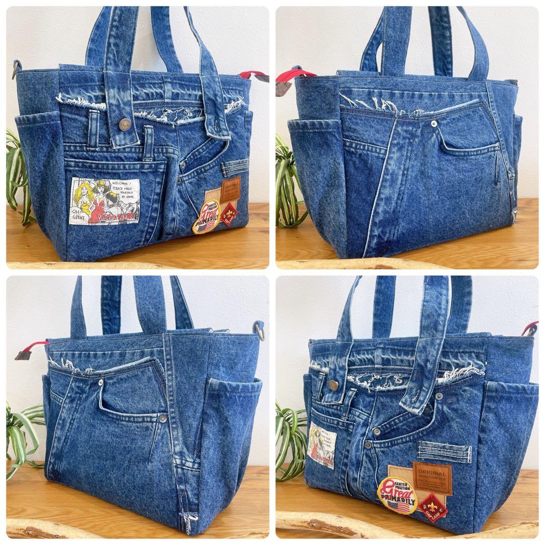 BIGsize★ポケットいっぱい 2wayトートバッグ デニムリメイク 大容量