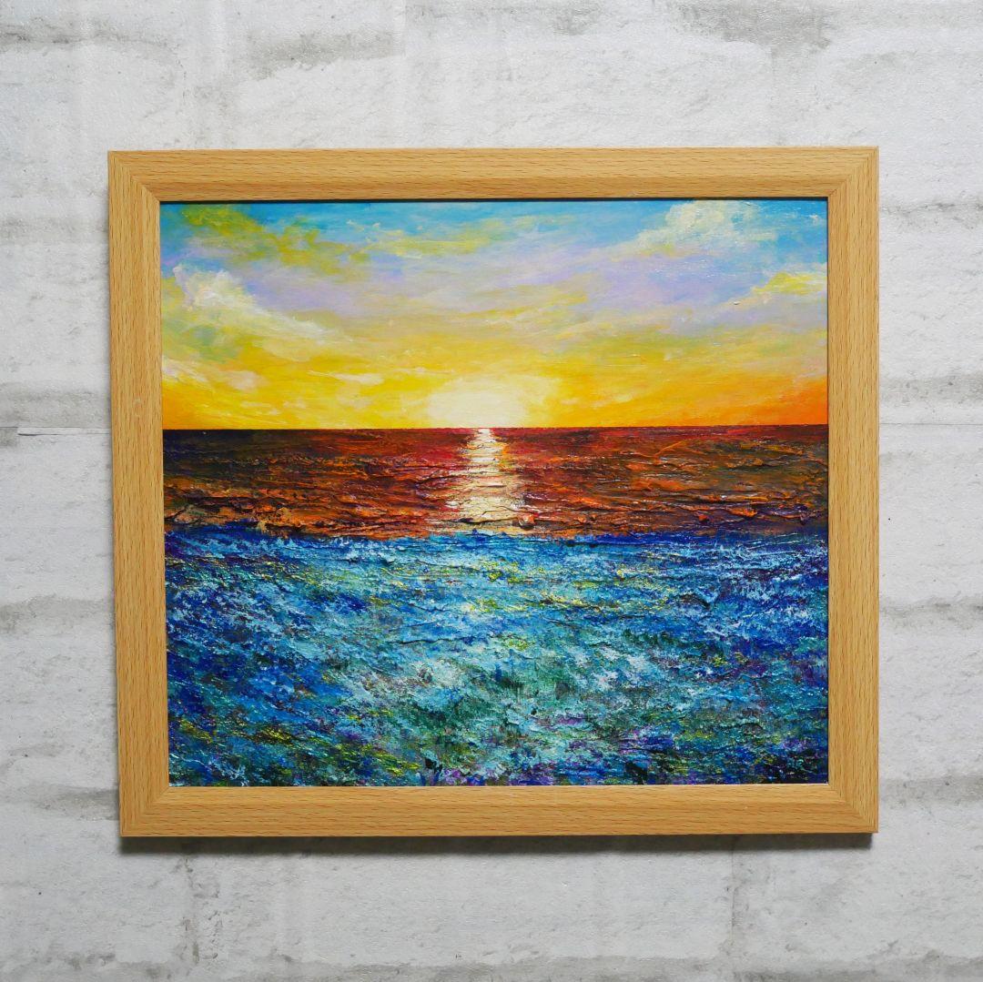 油絵 油彩 油彩画 絵画 絵【朝日に輝く海の青い花】