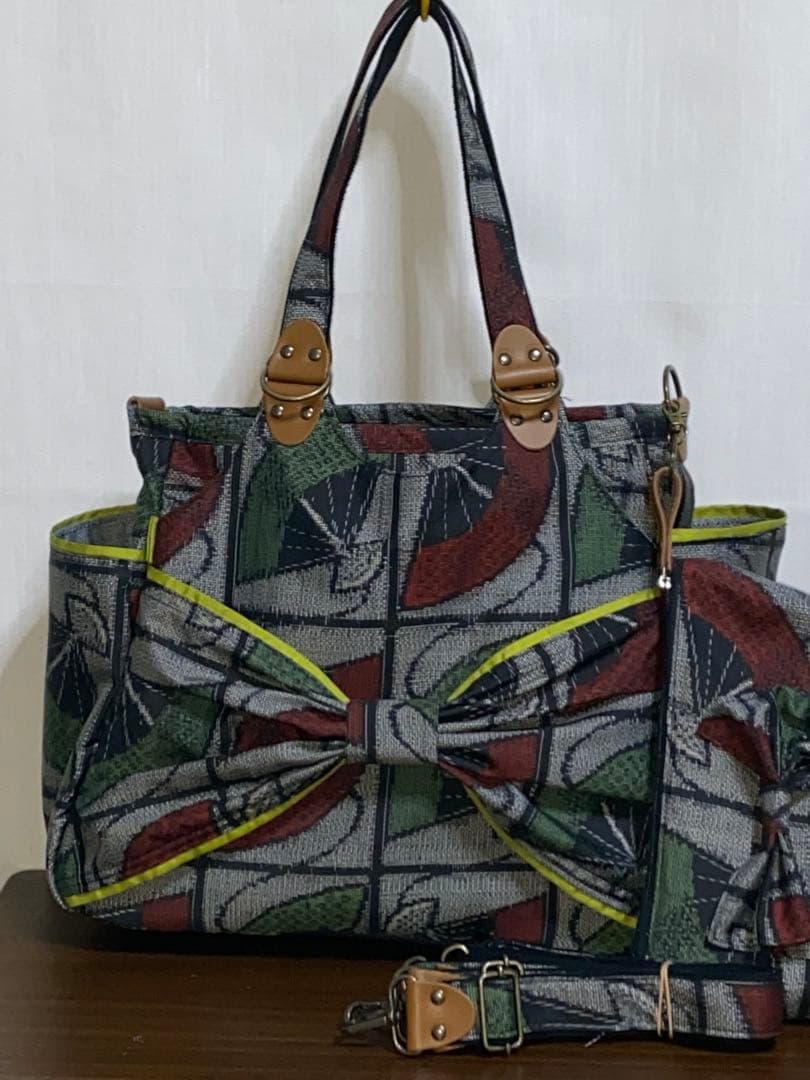 大島紬&岡山デニム☆Mサイズ☆4way♪あおりバッグ☆ポーチ付き