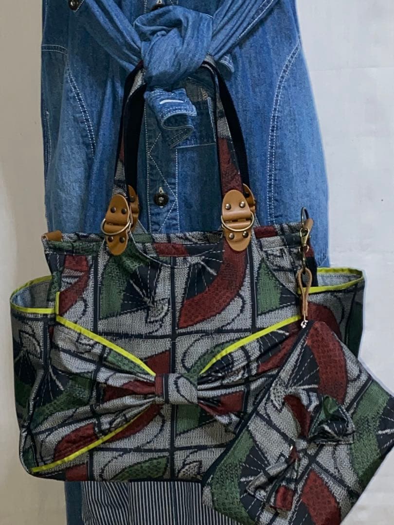 大島紬&岡山デニム☆Mサイズ☆4way♪あおりバッグ☆ポーチ付き