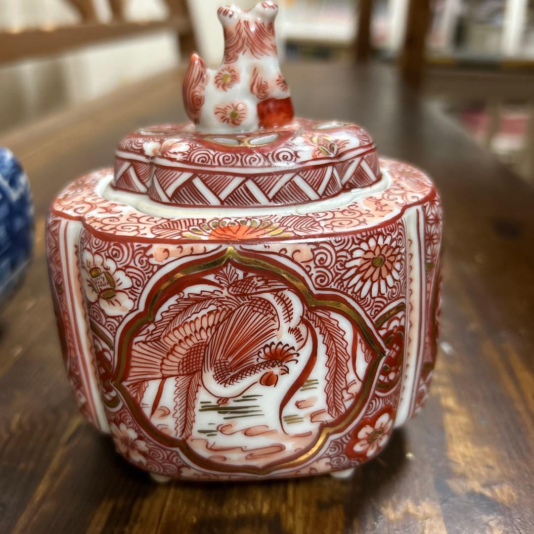 九谷焼　骨董品　美術品　古物　香炉2つ　角福　赤絵　染付