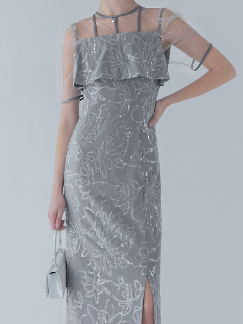 ドットチュールフラワースパンコールIラインワンピースドレス結婚式二次会成人式