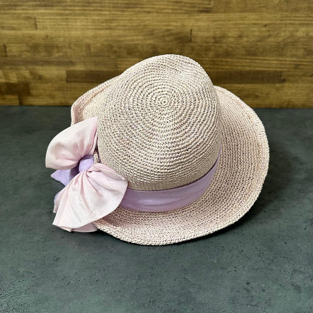 CA4LA 女優帽　麦わら帽子　リボン　和紙　サイズ調整可能　ピンクパープル