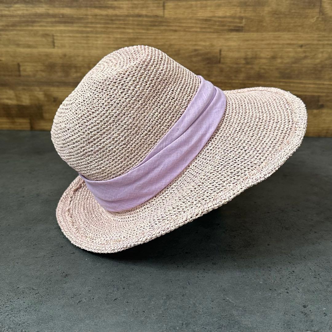 CA4LA 女優帽　麦わら帽子　リボン　和紙　サイズ調整可能　ピンクパープル