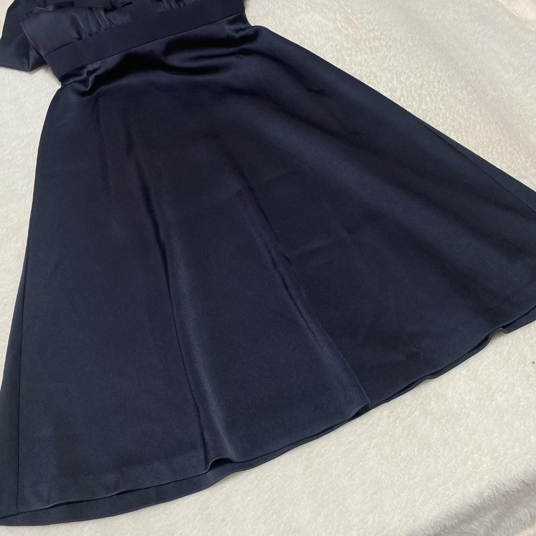 DE0077【アナイ】ワンピース【36】ミディ丈 フレア 長袖 濃紺 光沢感近年