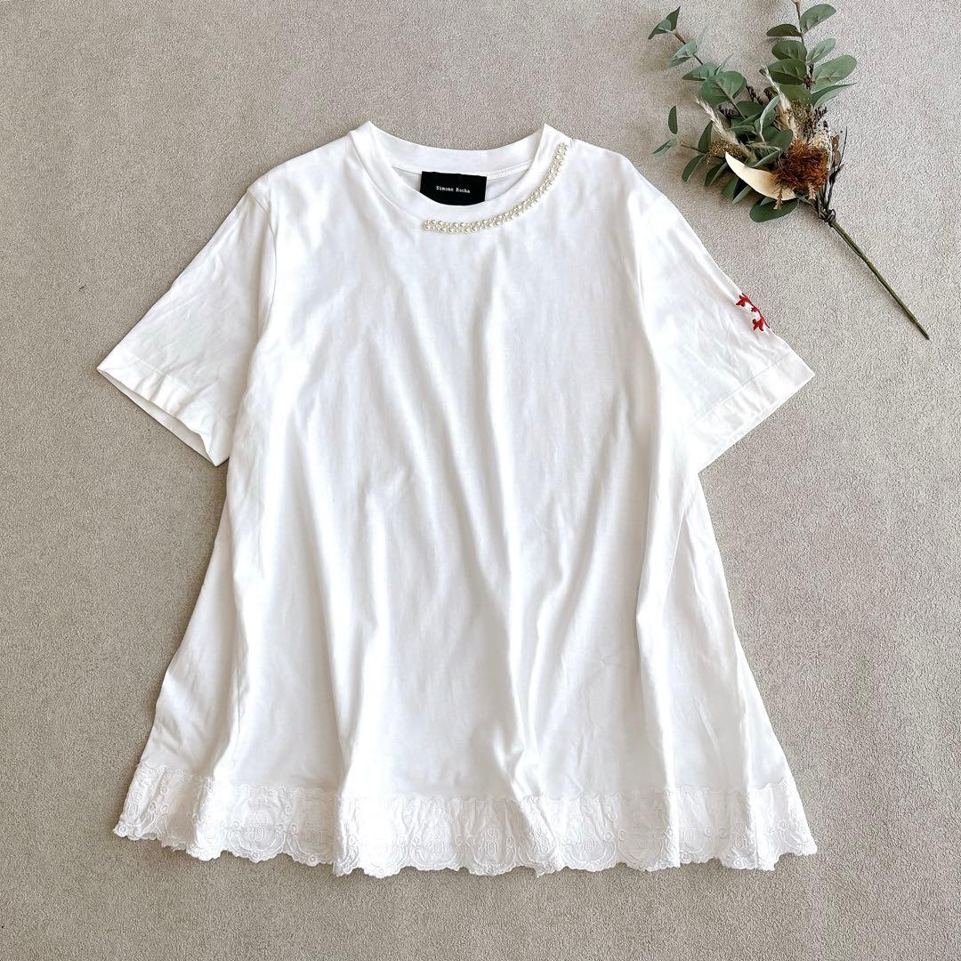 shimonerocha カットソー　Aライン　半袖　パール　刺繍　レース　S