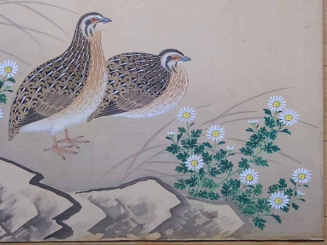 大値下げ◆中秋の名月双鶉◆日本画家【猪巻清明 画伯】作品 : 肉筆真筆本物保証品