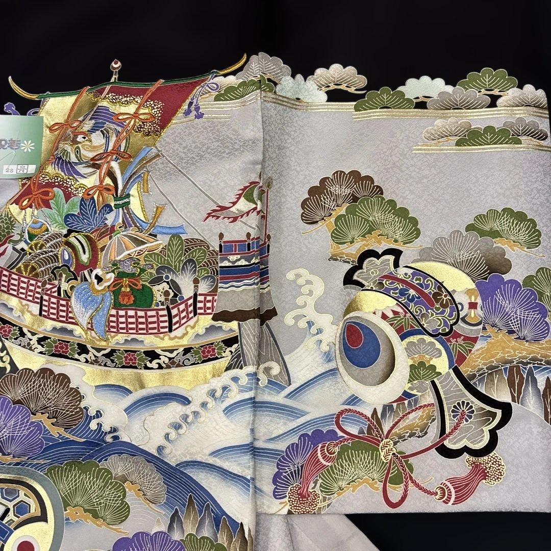 しき新品男子正絹産着祝着京友禅工芸染、特選豪華刺繍と本金宝船多色祝い波文