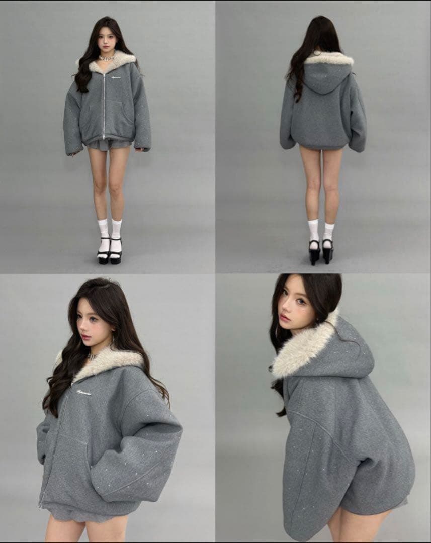 ジャケット・アウター andwang Kirakira 2way fur zip up (beige)