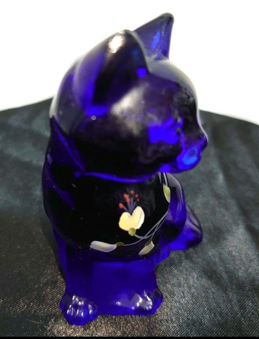 FENTON 花柄 CAT キャット 猫 フェントン ブルーガラス 置物