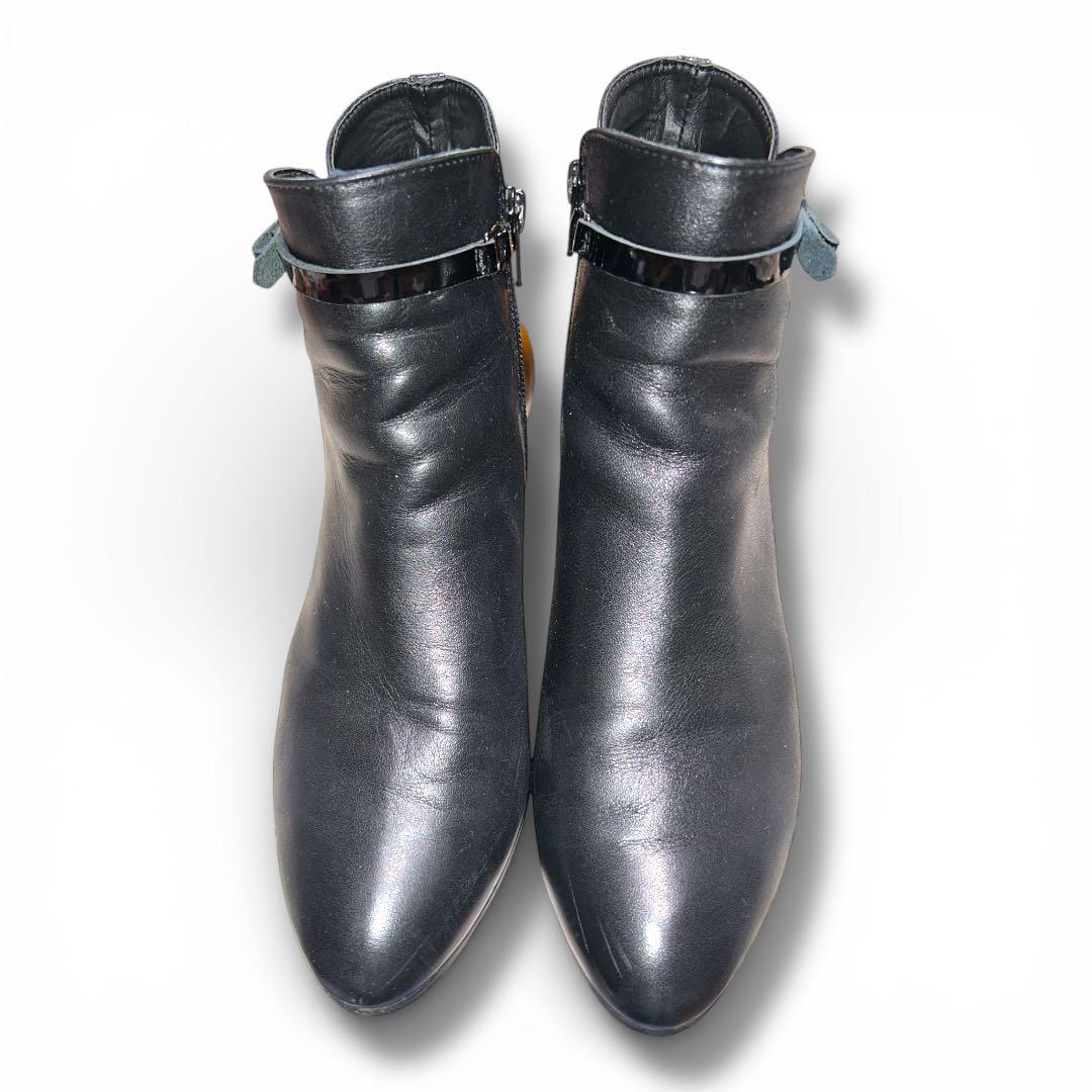 エレガンス卑弥呼 ショートブーツ サイドジップ リボンベルト 25.5 本革黒