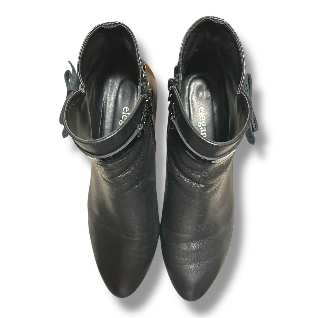 エレガンス卑弥呼 ショートブーツ サイドジップ リボンベルト 25.5 本革黒