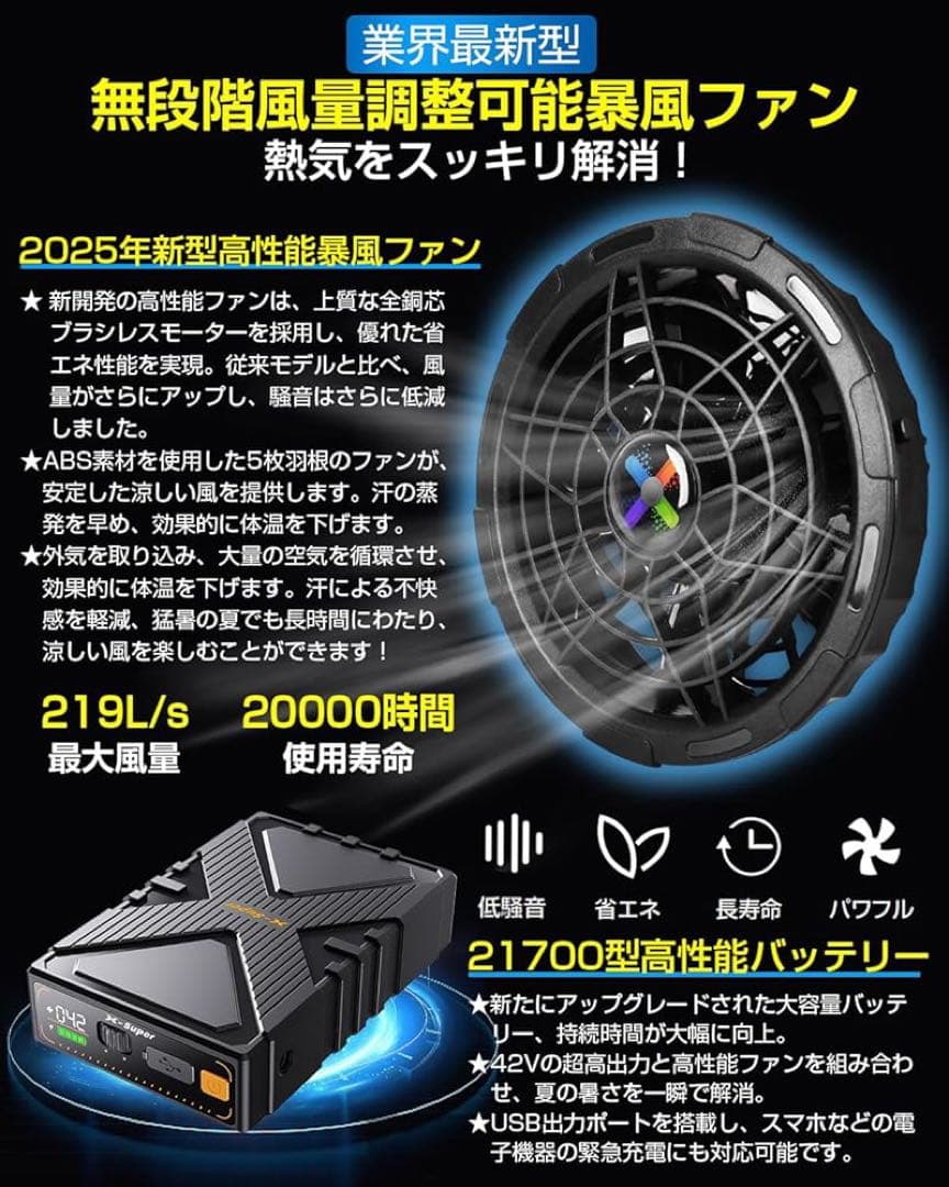 空調服用ファンバッテリーセット 作業服 42V超高出力 風量調節 省エネ