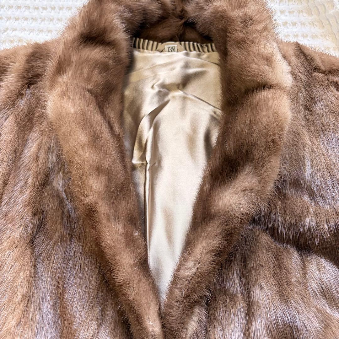 大きめ XL パステル ミンク ファー コート 花柄刺繍 女優襟 ブラウン