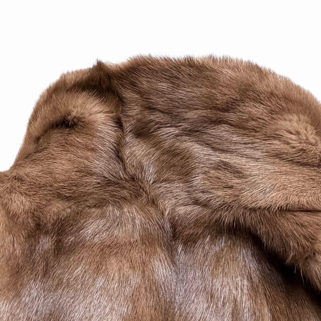 大きめ XL パステル ミンク ファー コート 花柄刺繍 女優襟 ブラウン