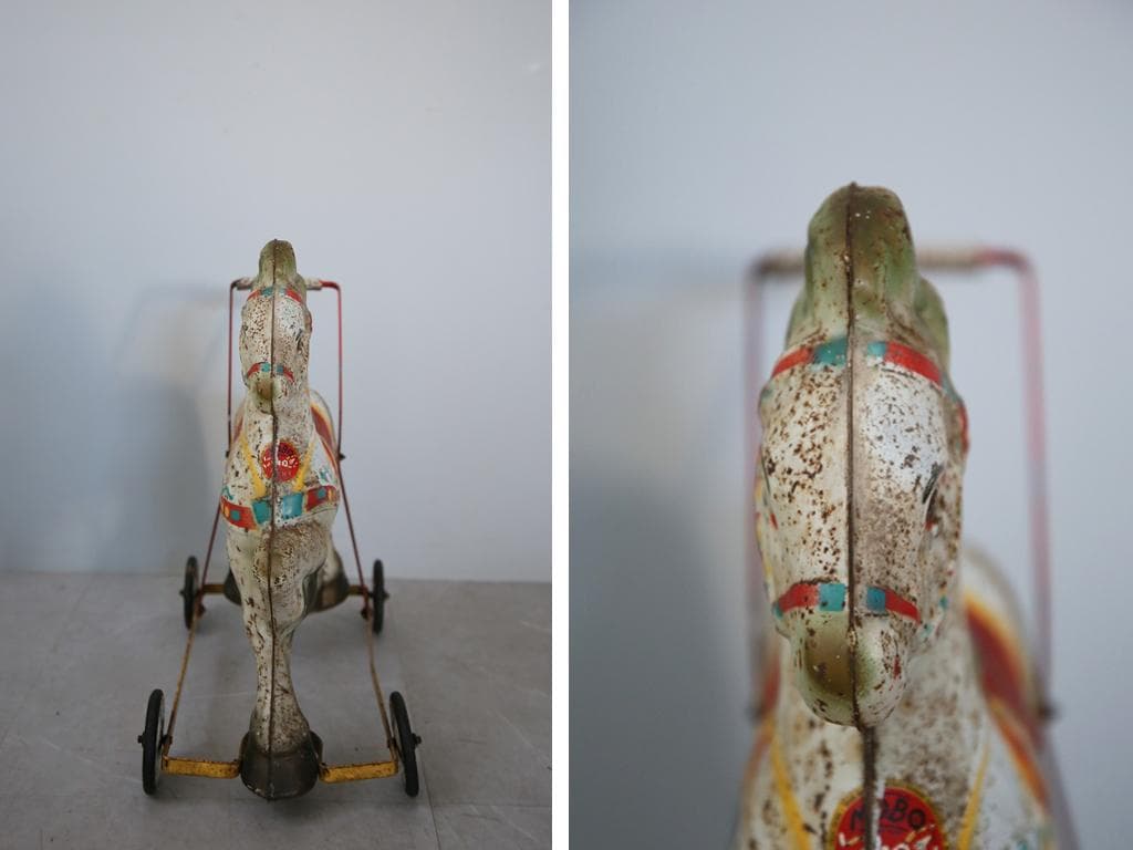 英国アンティークブリキ製ホース/鉄馬/木馬/子供用乗り物/オブジェ(92-68)