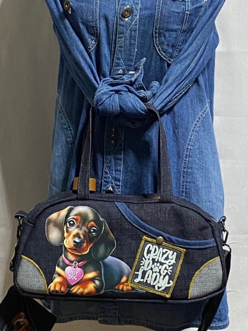 ハンドメイド☆岡山デニム☆ダックスフンド☆3way横長ボストンバッグ