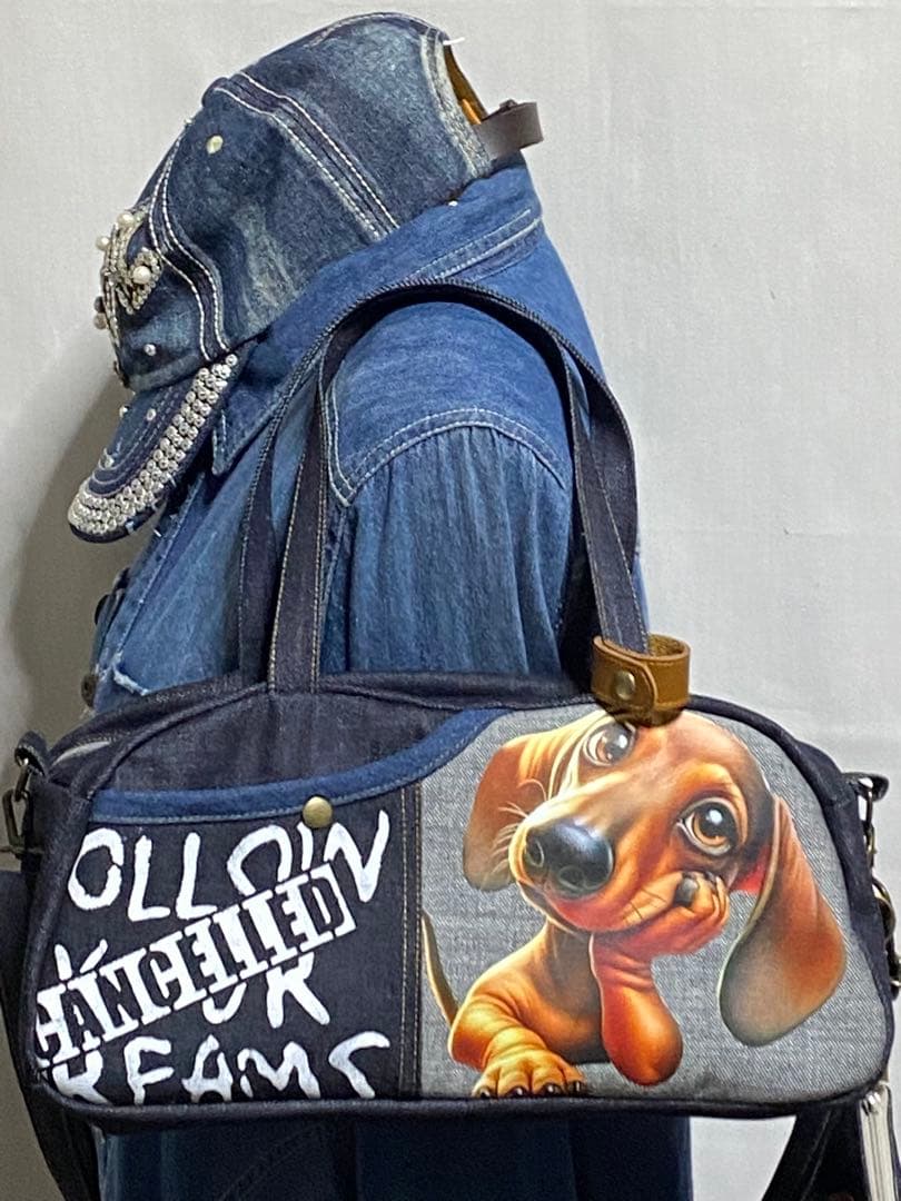 ハンドメイド☆岡山デニム☆ダックスフンド☆3way横長ボストンバッグ