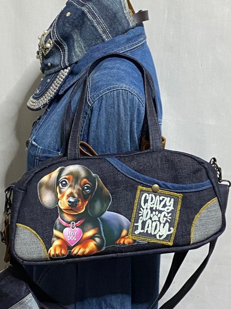 ハンドメイド☆岡山デニム☆ダックスフンド☆3way横長ボストンバッグ