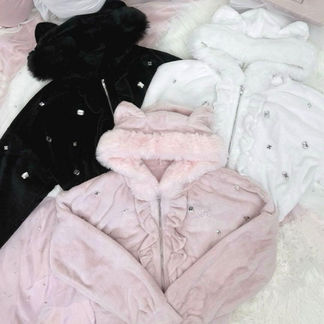 新品 ハニーミュウ ビジュー付き猫耳もこもこパーカー ピンク