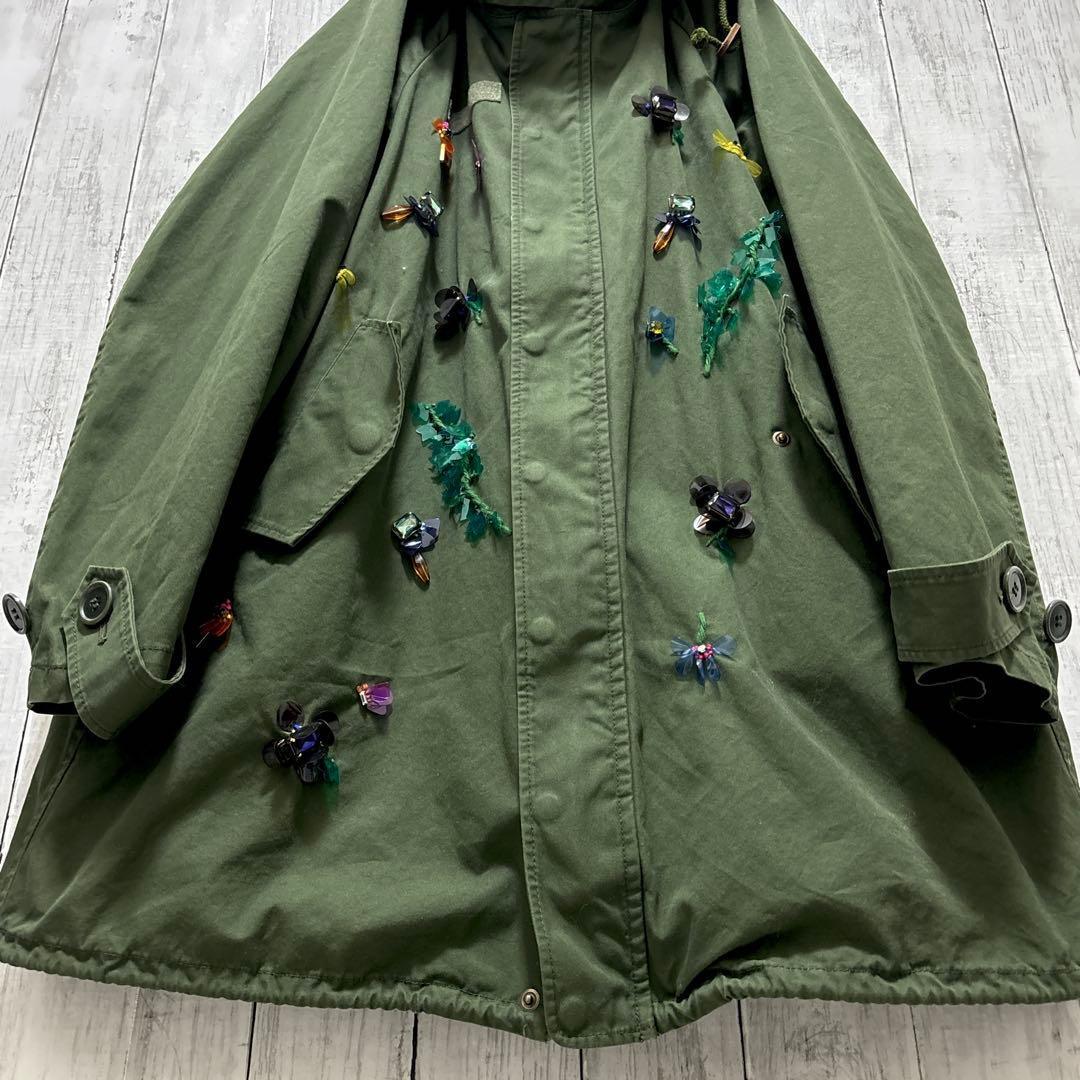 MUVEIL アクリル刺繍モッズコート　ブルーフォックスファー　フード　38