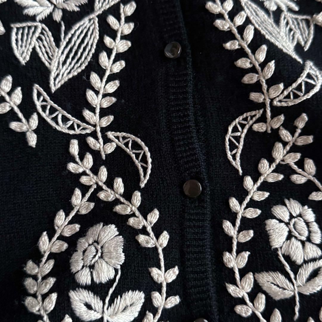 ケイタマルヤマ ウールカシミヤ ニット カーディガン 花刺繍 黒 1 フラワー