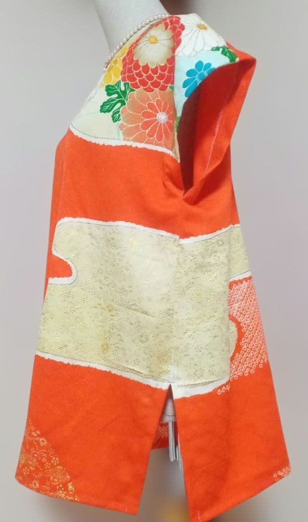 振り袖リメイクセットアップ 鹿の子絞り、花車、金駒刺繍入り