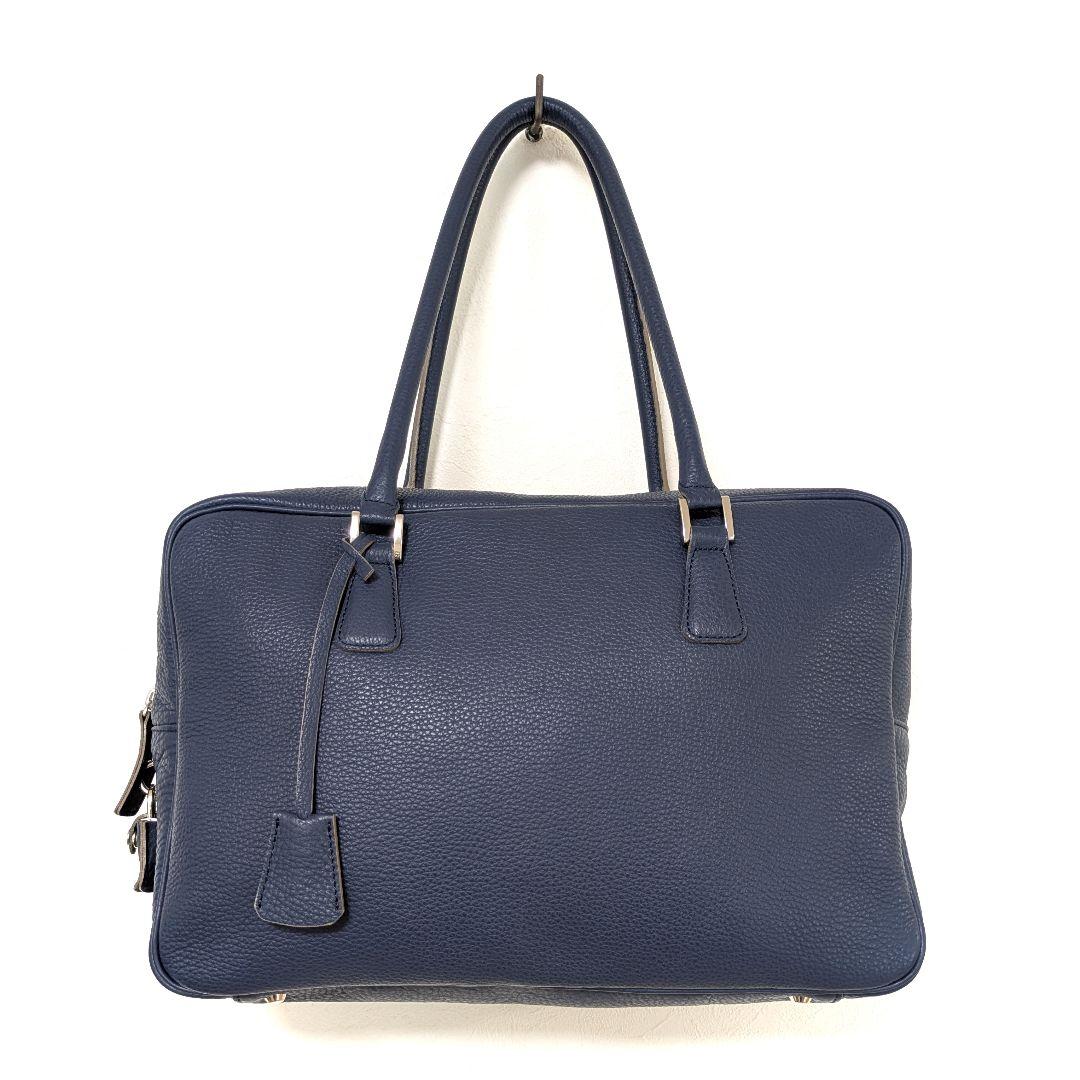 madam H マダムエイチ本革レザー ボストンバッグ ネイビー青系 シボ革