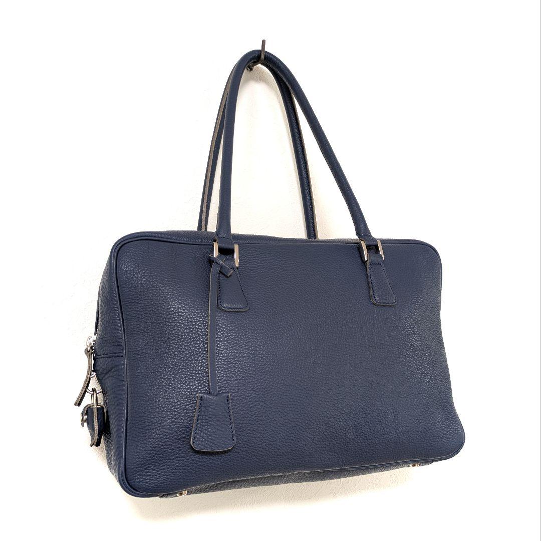 madam H マダムエイチ本革レザー ボストンバッグ ネイビー青系 シボ革