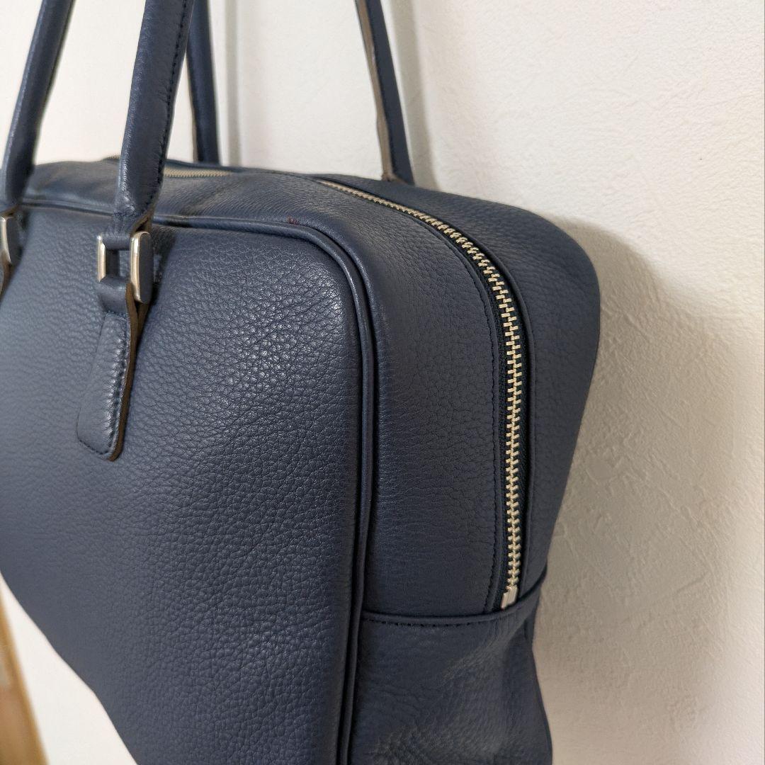 madam H マダムエイチ本革レザー ボストンバッグ ネイビー青系 シボ革