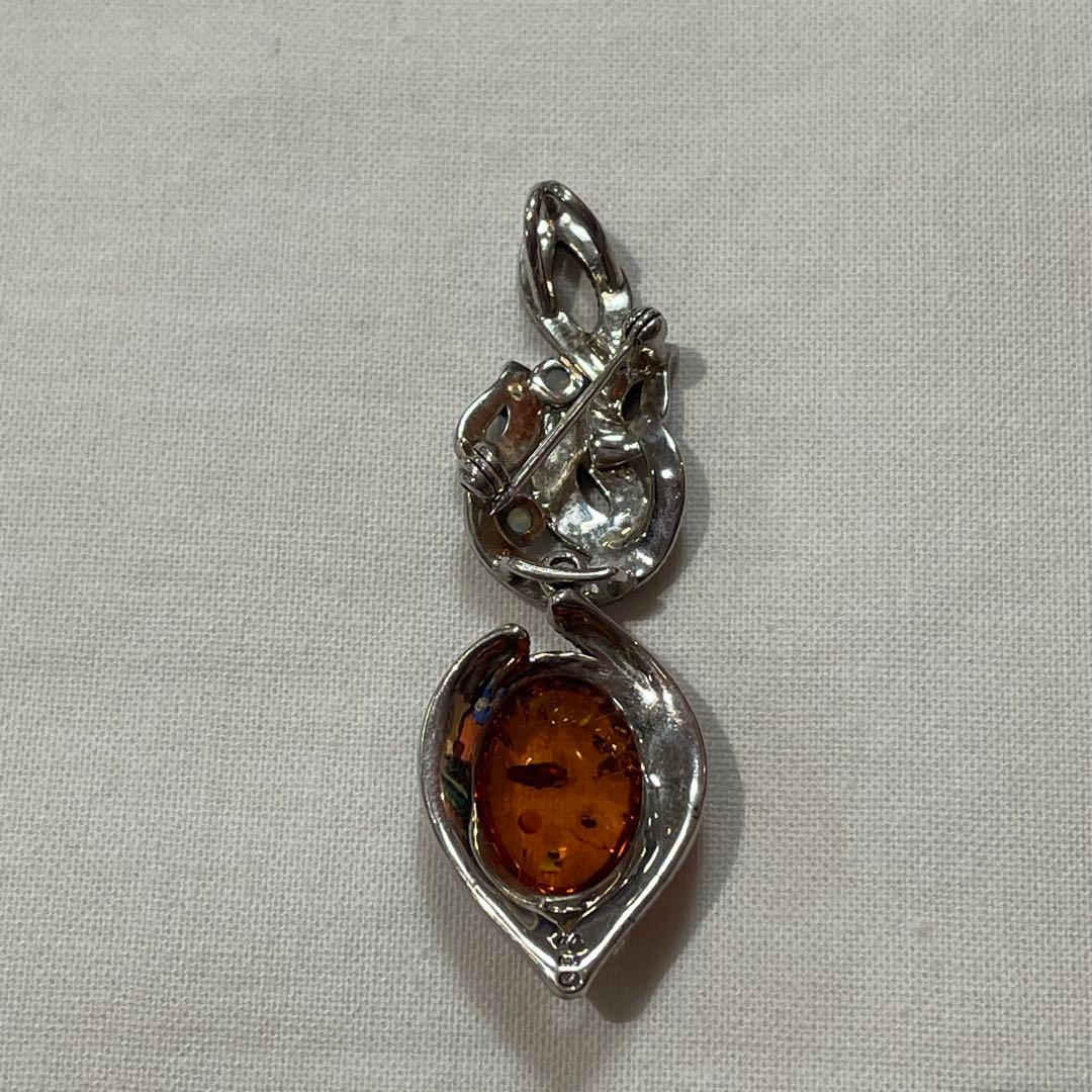 禄山 琥珀 & オパール アーバンリーフ シルバー ブローチ ペンダント