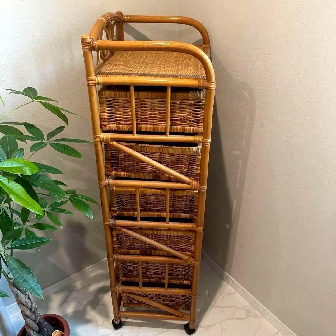 l*い様 カザマ　ラタン　籐　6杯チェスト　引き出し　収納　昭和レトロ　キャスタ