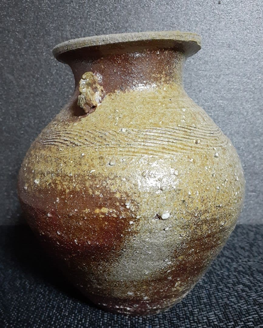 常滑焼　【竹内嘉彦】造　南蛮手　櫛目　双耳壺　共箱　共布　陶歴付　茶道具　茶器