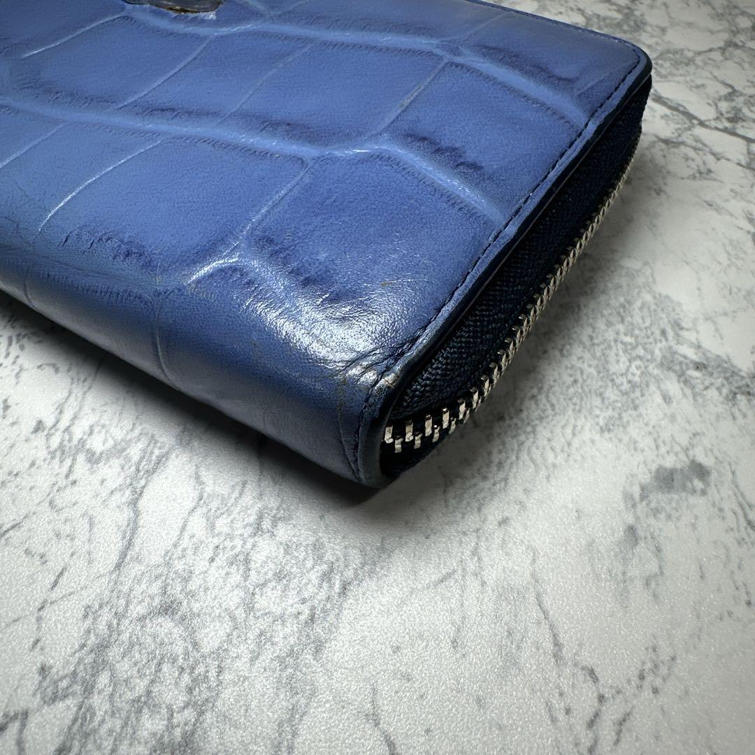 クロコ型押しレザー長財布　ラウンドファスナー　オーブ　ブルー　タッセル付き
