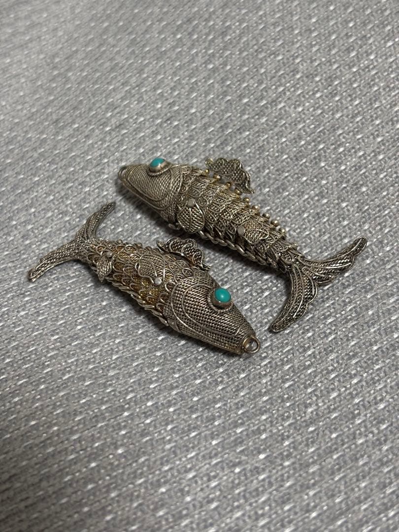 シルバー製魚の装飾品 中国美術 2匹 銀魚 箱あり