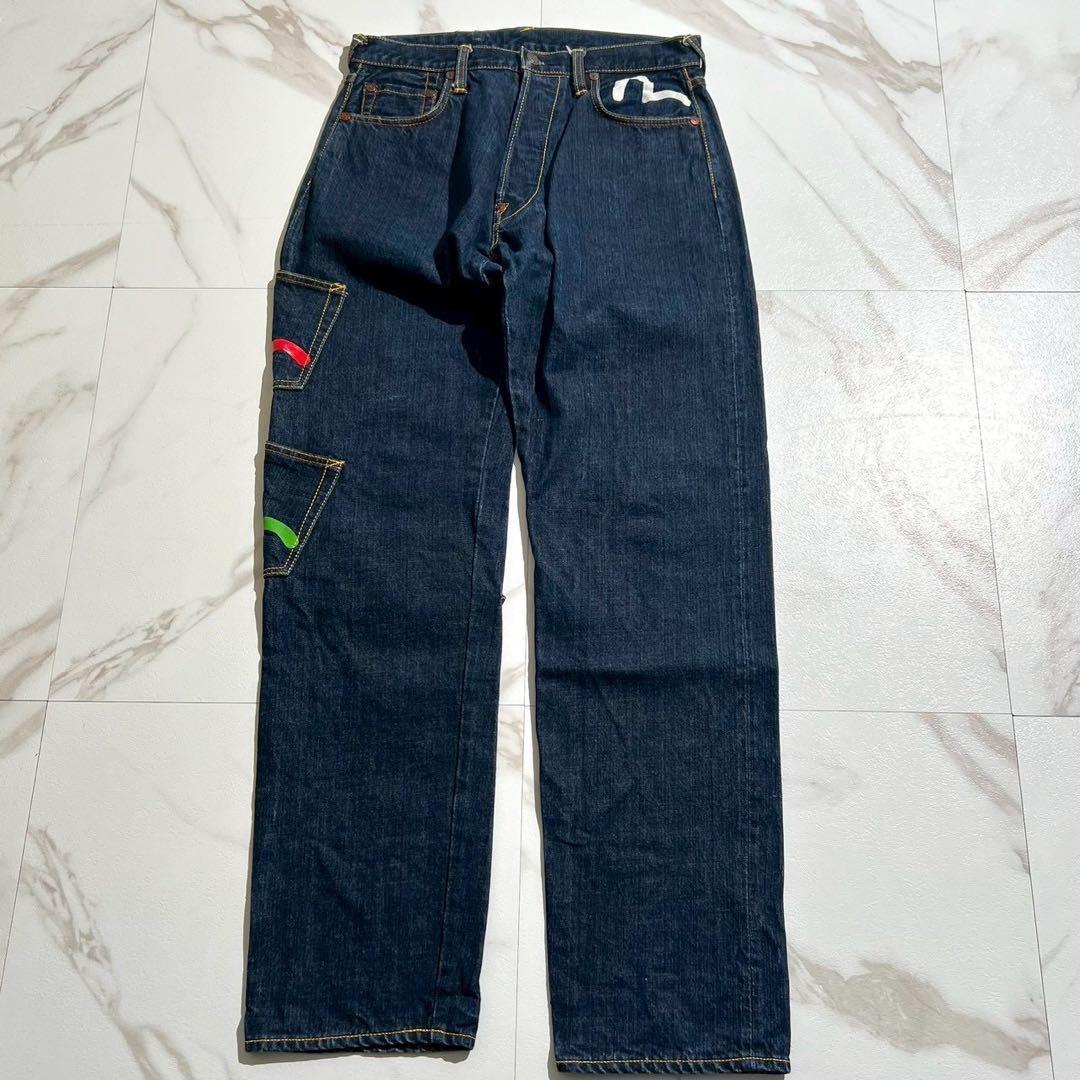 美品✨EVISU 大黒 メニーポケット 赤耳 カモメプリントデニムパンツ 濃紺