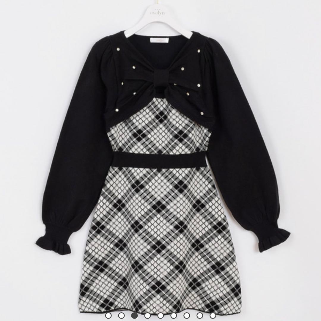 Evelyn 長袖チェックリボンニット