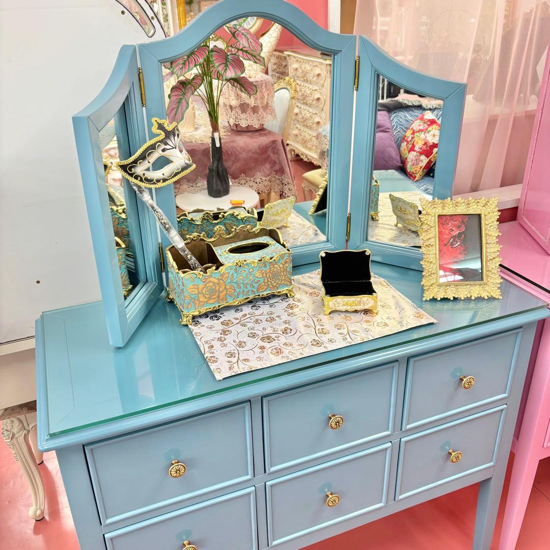 ブルー 3面鏡付 ドレッサー マホガニー材 3面鏡 高級 綺麗 開梱設置サービス