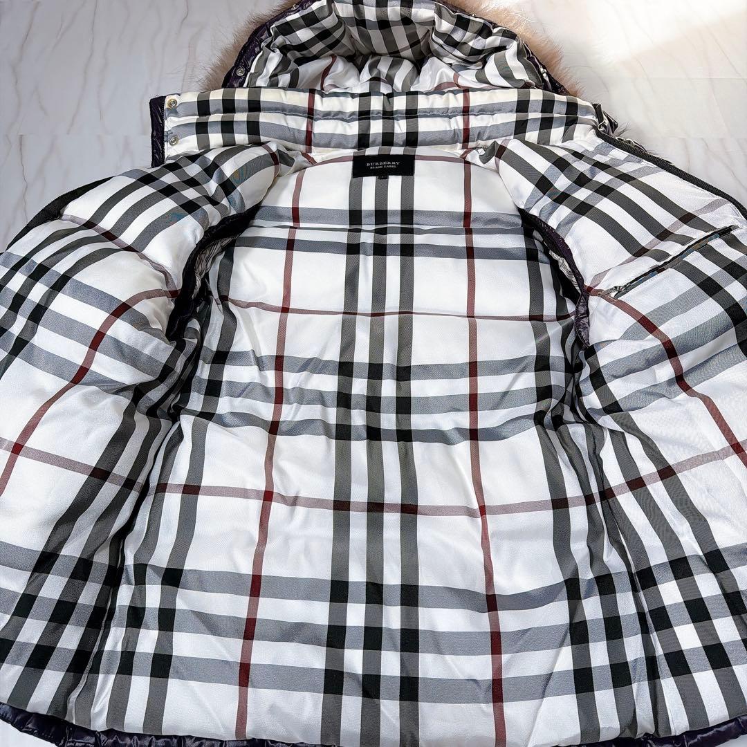 バーバリーブラックレーベル ダウンジャケット ファー ノバチェック 紺 Lサイズ