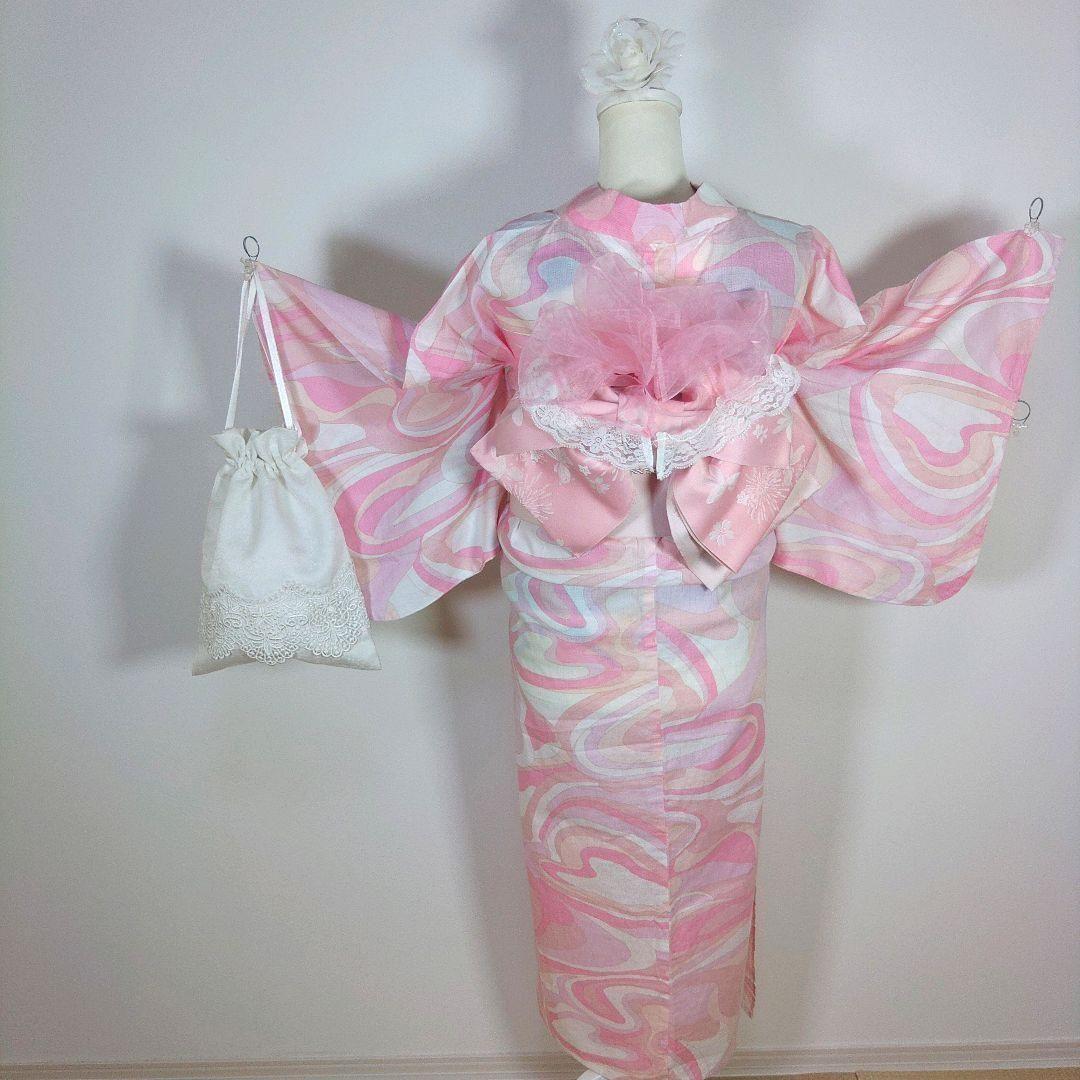 レディース　浴衣セット　身丈158cm　ピンク　作り帯　白　兵児帯　リボン　巾着
