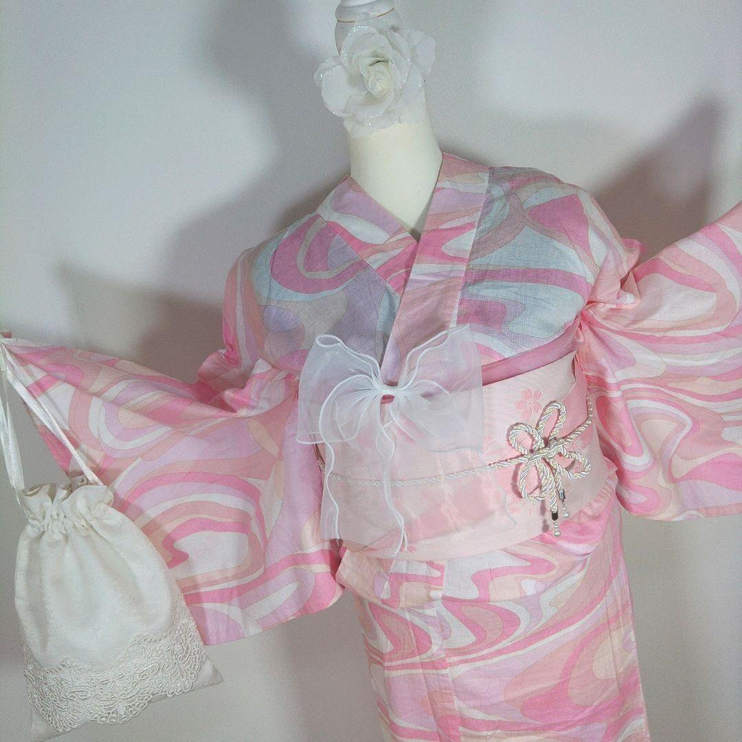 レディース　浴衣セット　身丈158cm　ピンク　作り帯　白　兵児帯　リボン　巾着