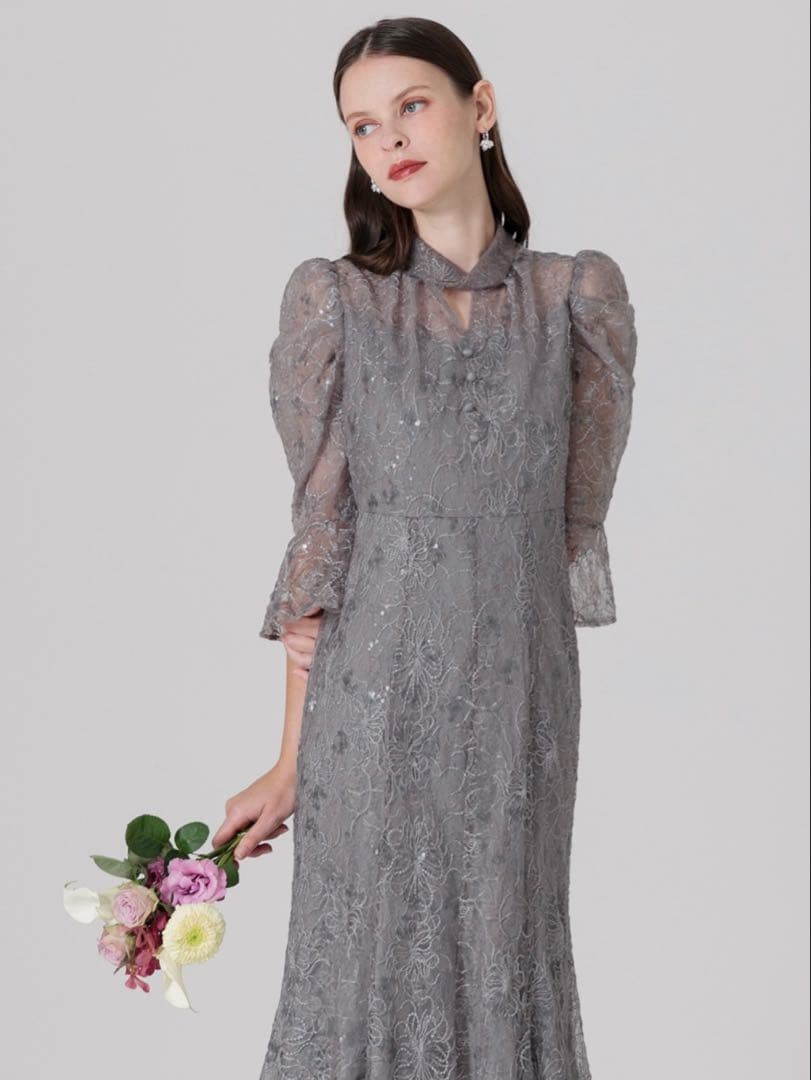 スパンコール花柄パフスリーブマーメイドワンピースドレス結婚式成人式パーティー