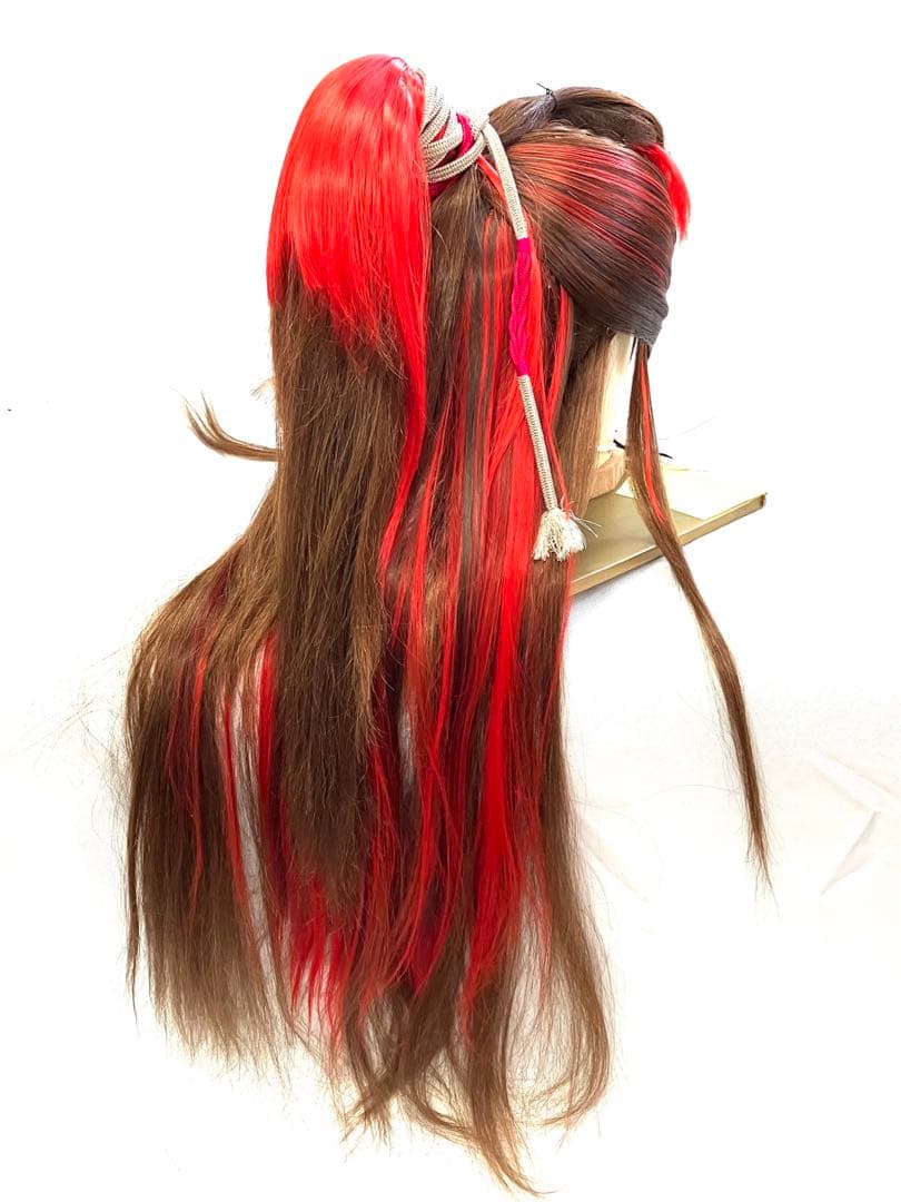 創作、中大サイズ(茶髪＋赤耐熱ファイバープラス)中古舞踊かつら、大衆演劇かつら