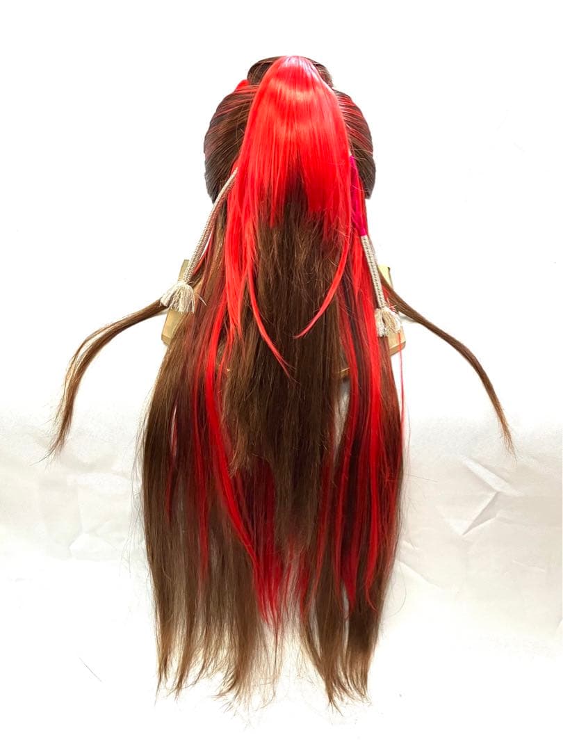 創作、中大サイズ(茶髪＋赤耐熱ファイバープラス)中古舞踊かつら、大衆演劇かつら