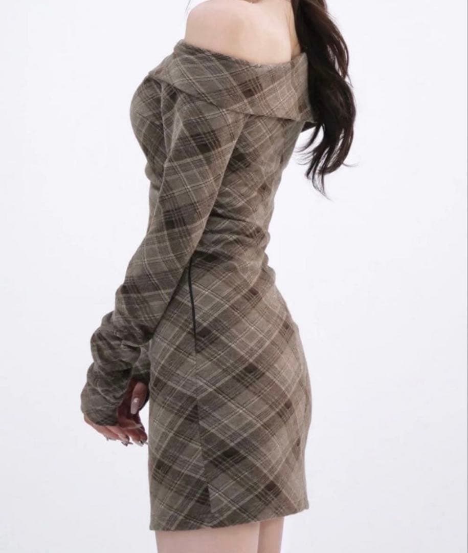 Yilon オフショルダー チェック柄 ワンピース イロン ブラウン