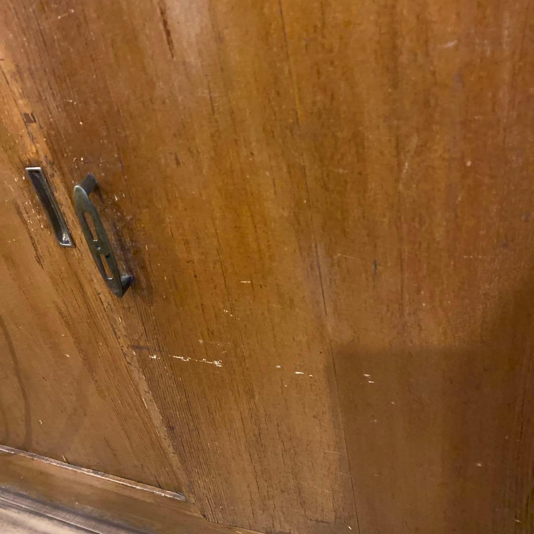 無垢材　モールガラス　水屋箪笥　昭和レトロ