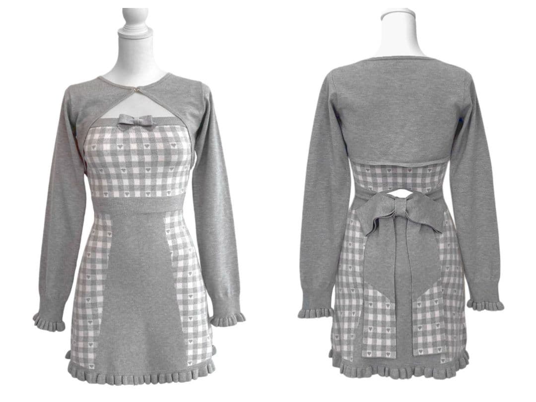ハニーミュウ バックリボン×ギンガムハートアンサンブルワンピース グレー XS